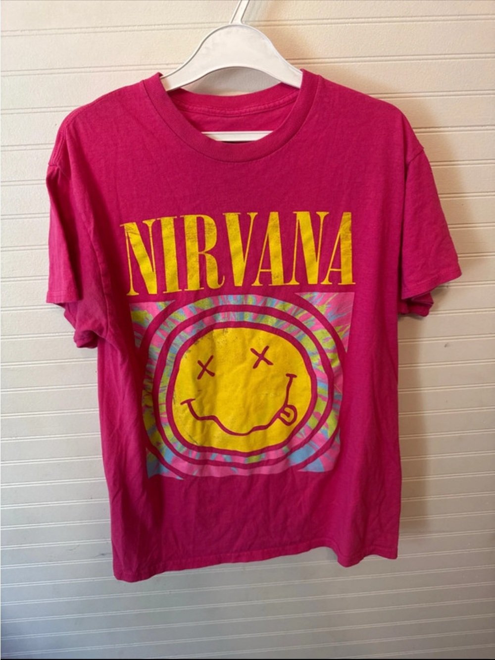 NIRVANA Hot Pink Tee with Yellow Smiley Graphic